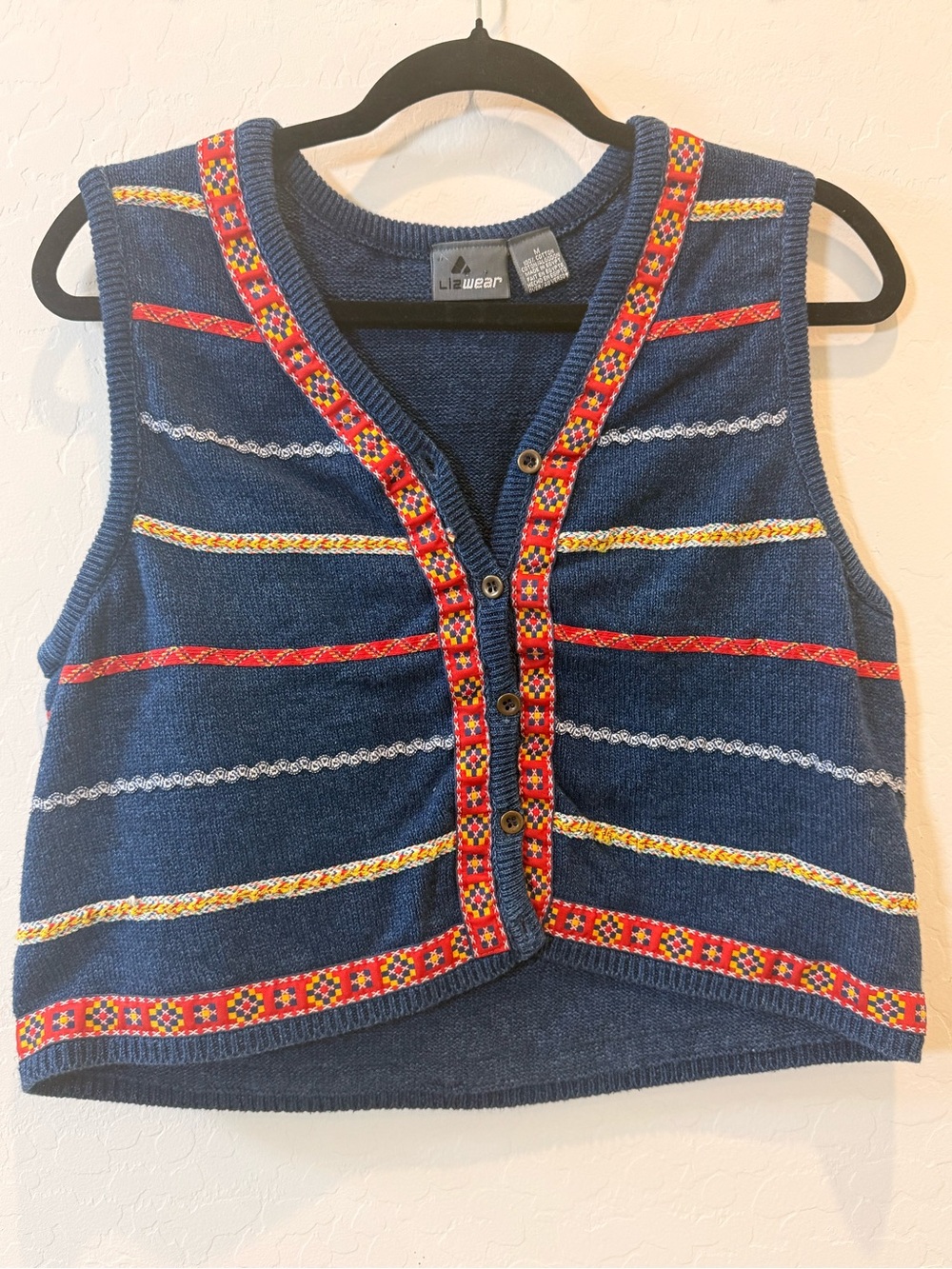 Vintage Lizwear Navy Knit Vest with Colorful Trim